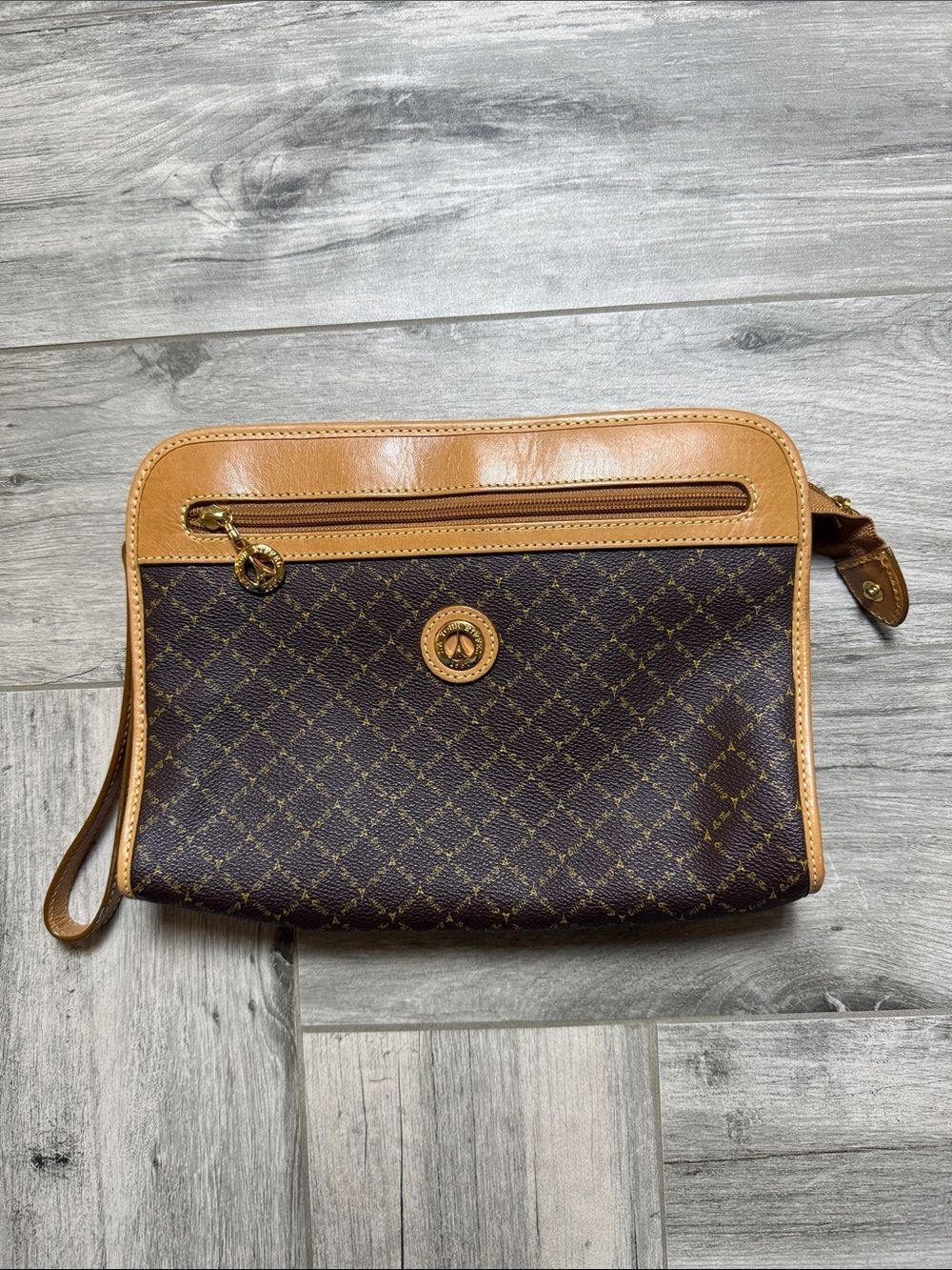 Brown Monogram Wristlet with Tan Leather Trim